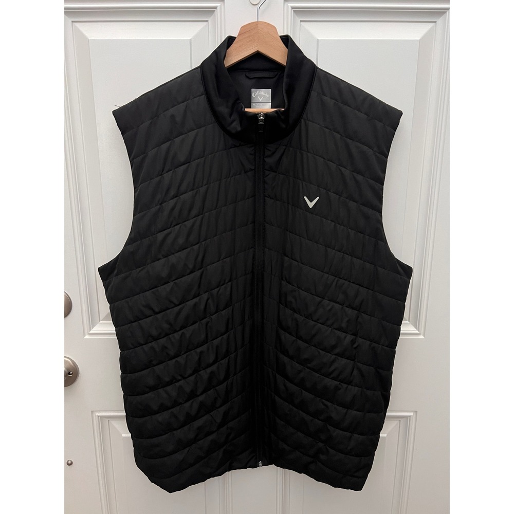 Callaway Golf Mens XL Black Quilted Puffer Full Zip Vest Chevron Logo Mock Neck